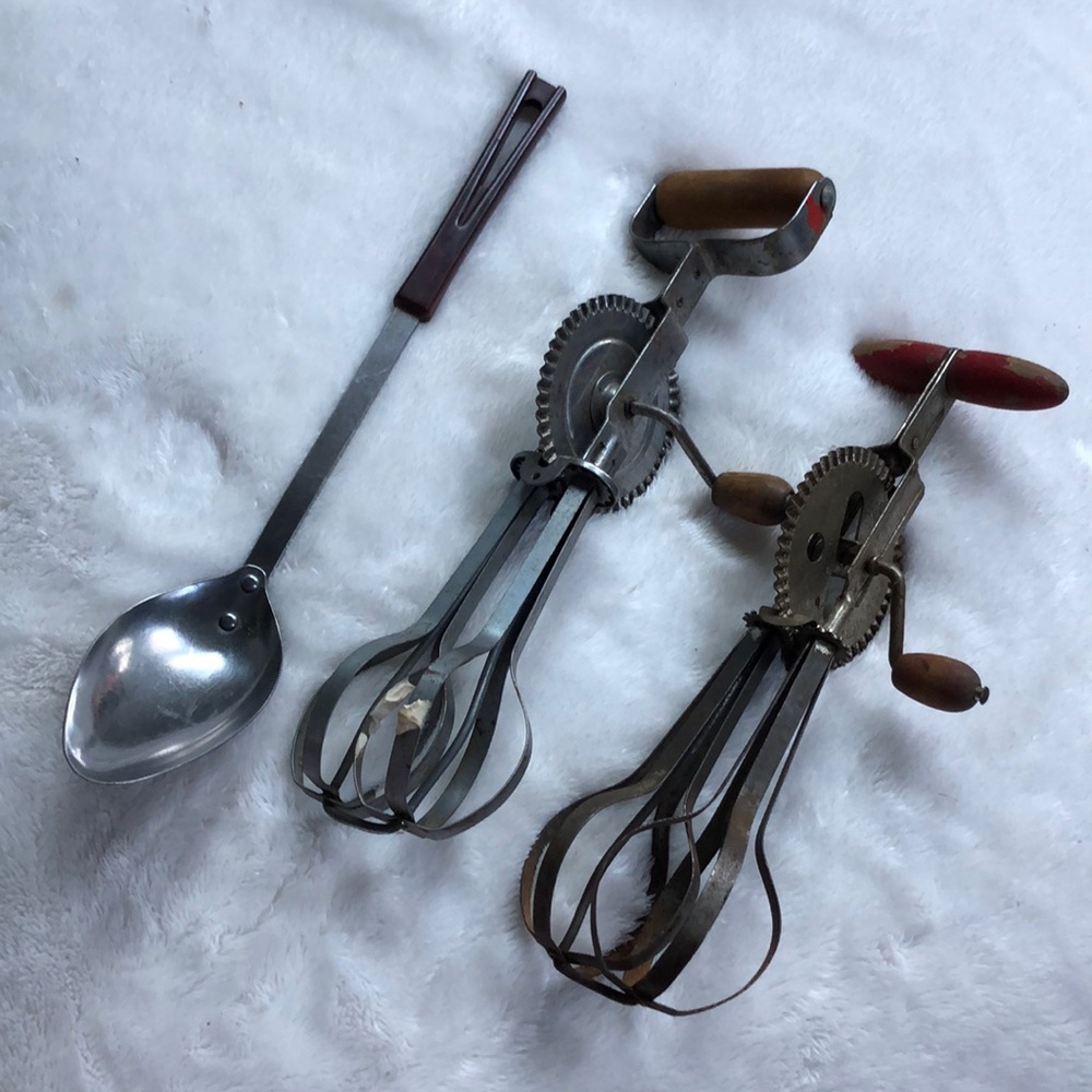Vintage egg beaters and Stanhome stainless spoon